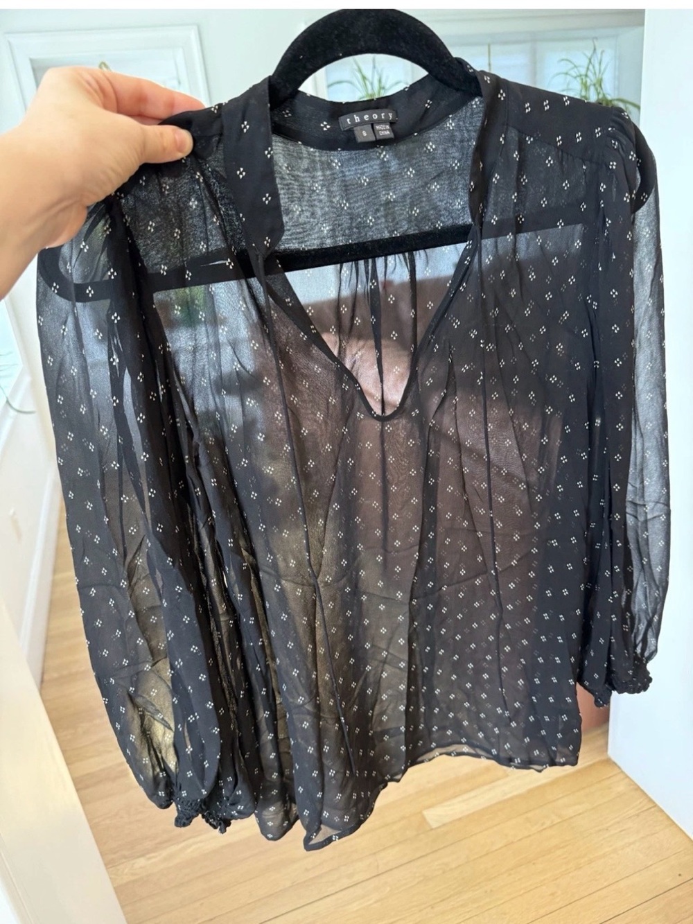Theory Black Sheer Blouse Flowy Tie-Neck, 100% Silk, Long Sleeve, Size Small